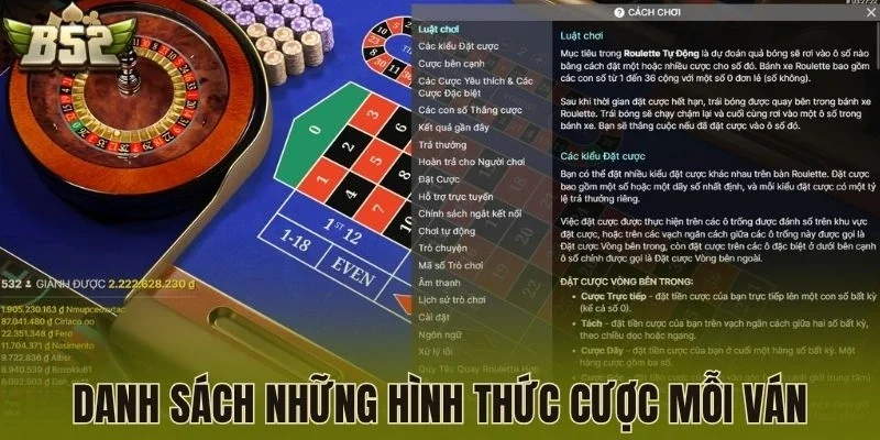 Danh sách những hình thức cược mỗi ván
